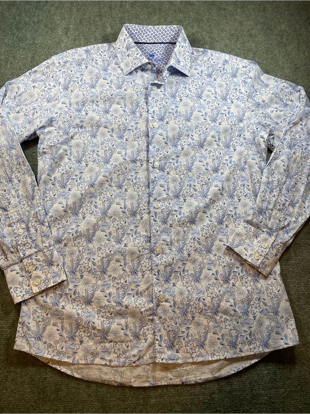 Men's Blue & White Floral Paisley Button-Down Shirt